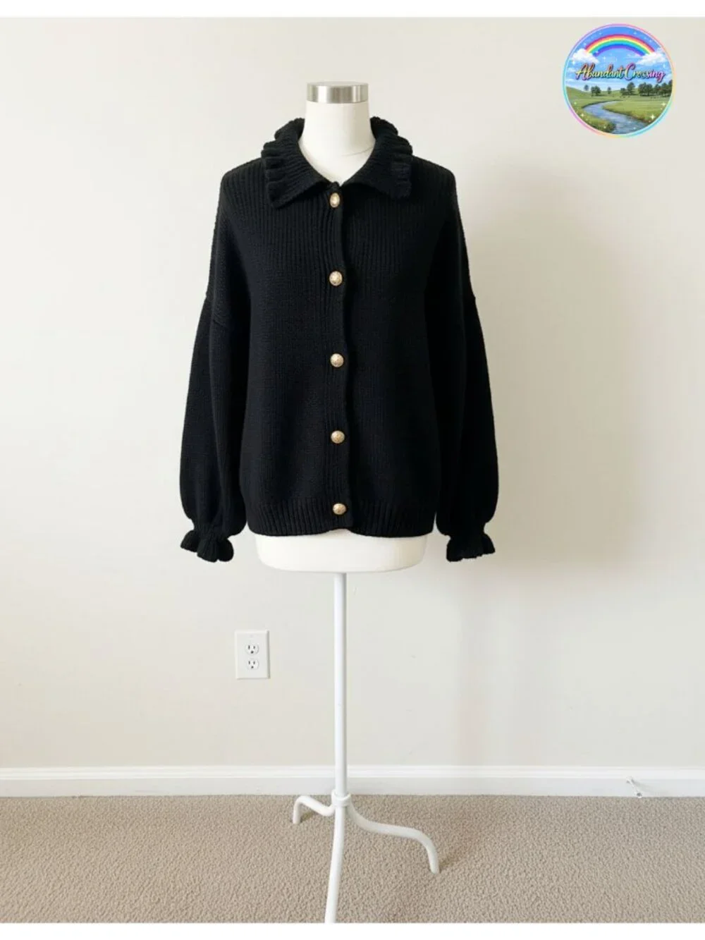 Chunky Knit Cardigan Sweater Ruffle Mock Neck Button Down Fall Winter